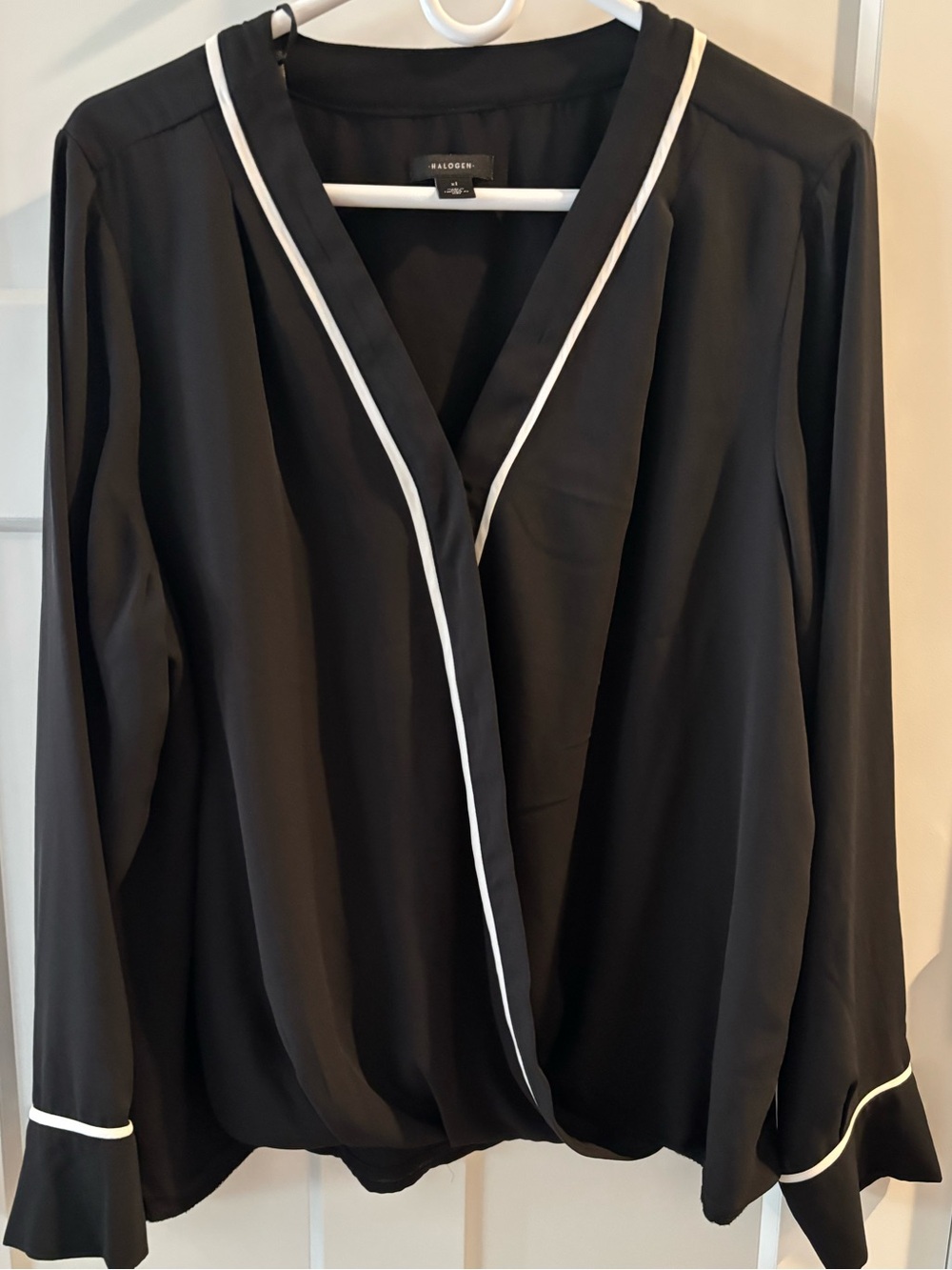 Halogen Black Long-Sleeve Wrap Blouse with White Piping.  New with tags